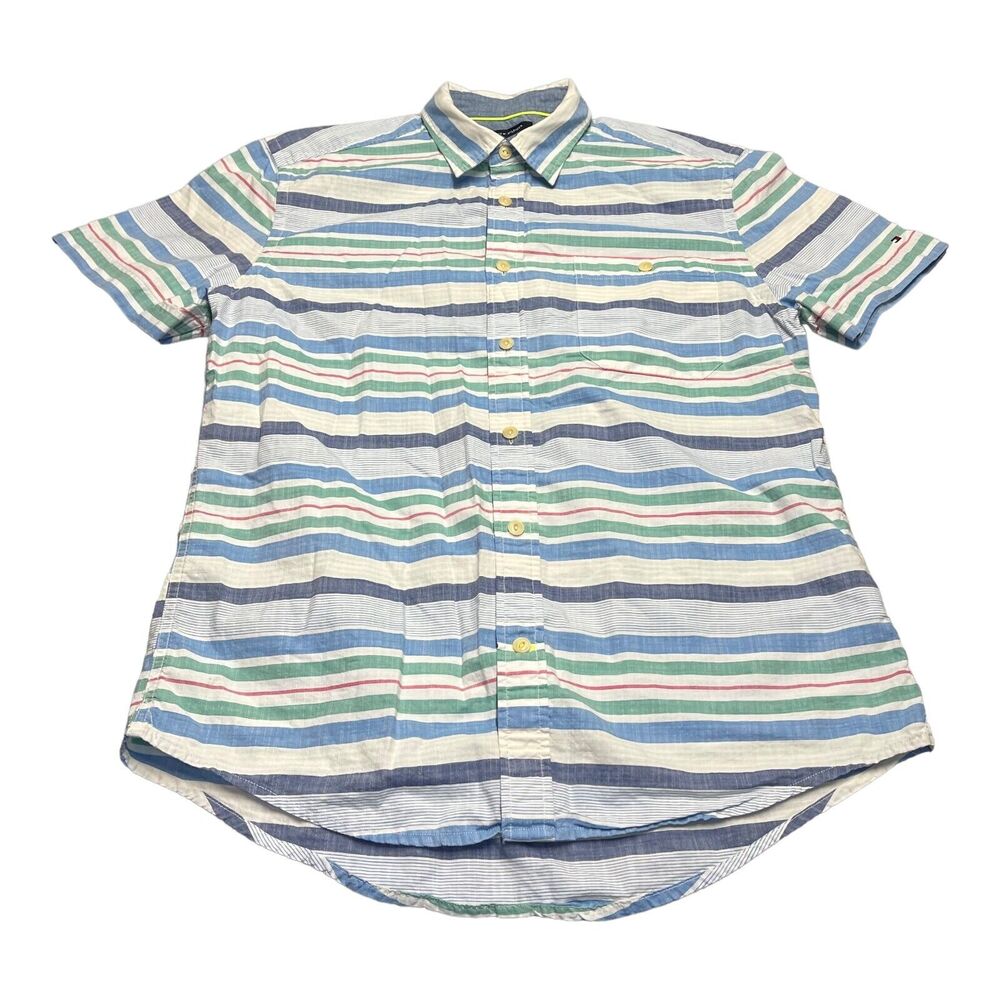 Tommy Hilfiger Shirt Men's Large Multicolor Striped Cotton Custom Fit Button-Up - Picture 1 of 8